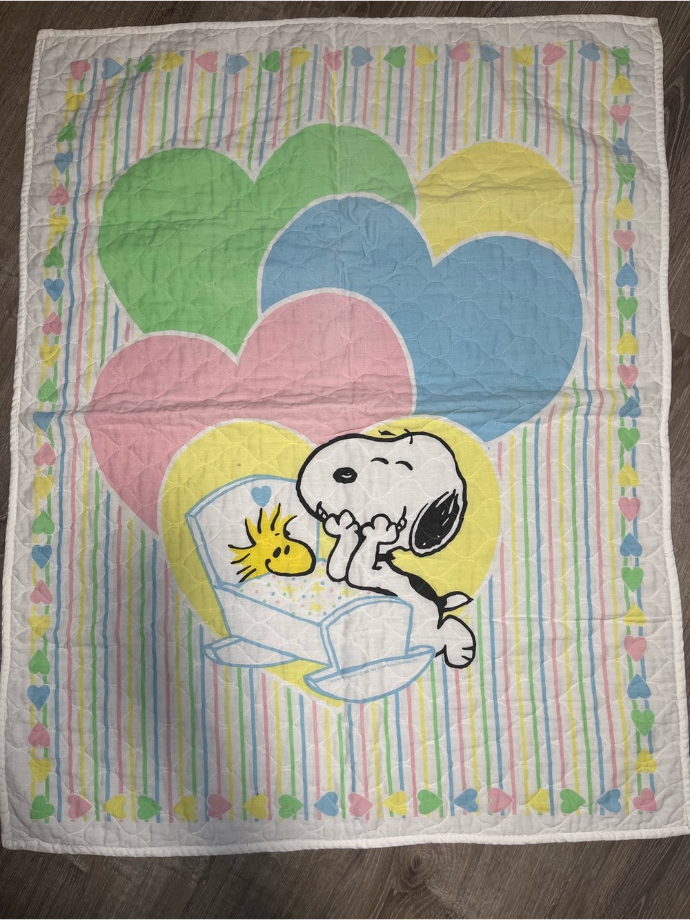 Vintage 1958 Baby Snoopy Woodstock Crib Quilted Blanket & Sheet Set Pastel Heart